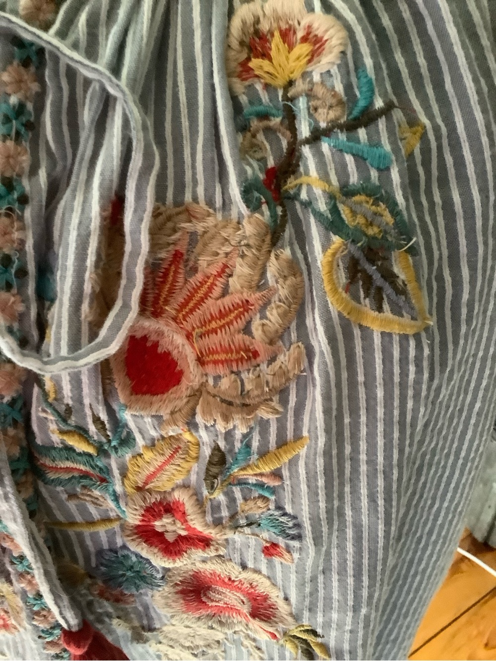 Blue Striped Embroidered Peasant Blouse with Red Tassels - Picture 4 of 14